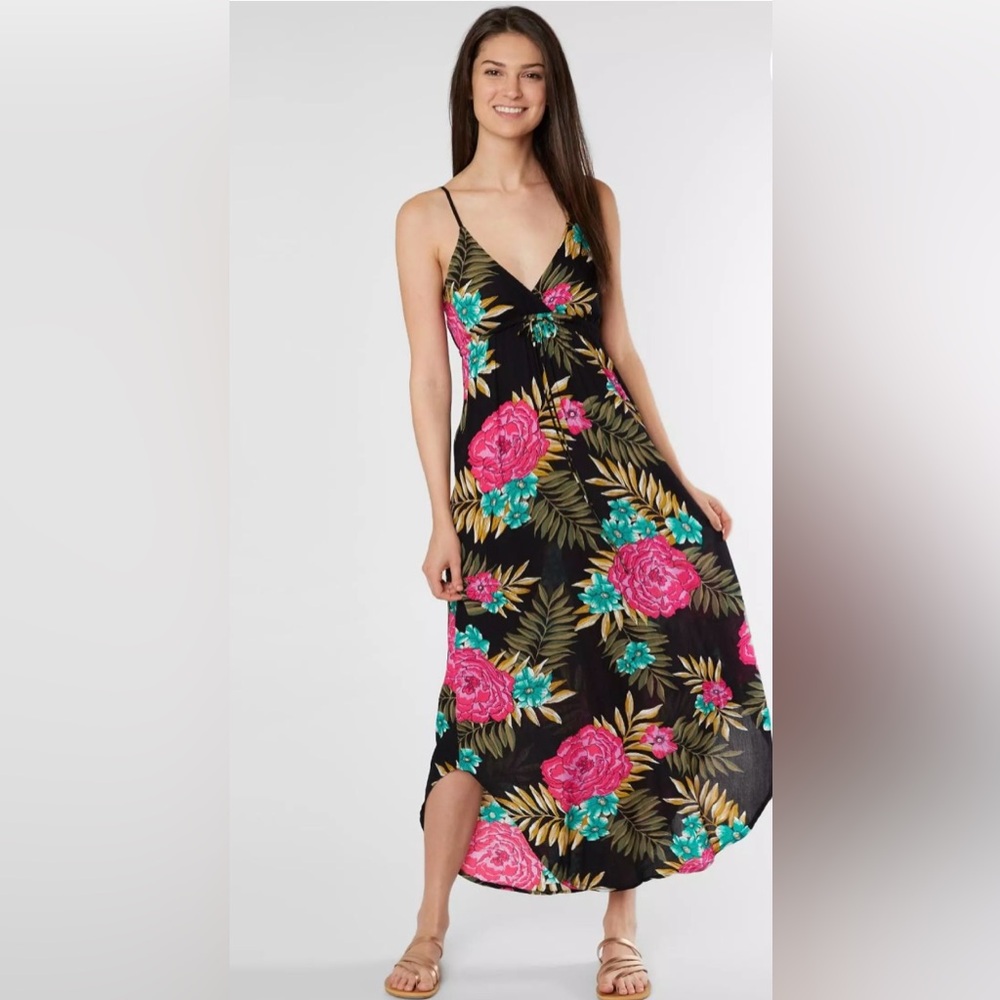 Billabong Like Minded Curve Hem Maxi Dress Black with Pink and Teal Flowers NWT